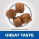 Four pieces of kibble on a light background, encircled by a graphic with "GREAT TASTE" below. Kibble size: 4 x 7.5mm.