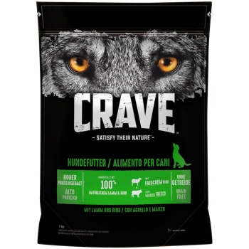 Schwarze Hundefuttertüte mit dem Gesicht eines Wolfes, beschriftet mit "CRAVE", hebt eine proteinreiche und getreidefreie Formel hervor. Slogan: "Befriedigen Sie ihre Natur."