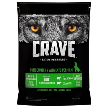 Sac de nourriture pour chiens noir avec le visage d'un loup, étiqueté "CRAVE," mettant en avant une formule riche en protéines et sans céréales. Slogan : "Satisfaites leur nature."