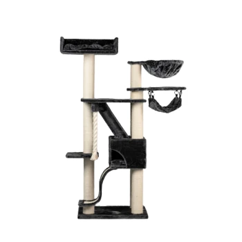 Schwarzer Katzenbaum mit mehreren Ebenen, Kratzpfosten, einer Hängematte und einem hängenden Spielzeug. Ideal für das Spielen und Ausruhen von Katzen.