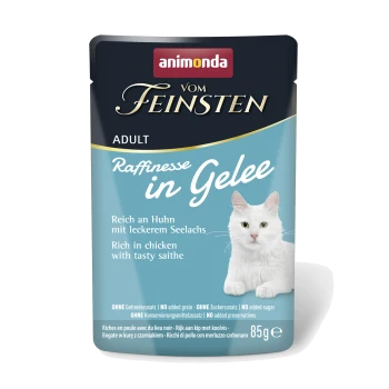 Animonda Vom Feinsten Katzenfutterbeutel für erwachsene Katzen, Huhn und Seelachs in Gelee, mit Bild einer weißen Katze, 85 g.
