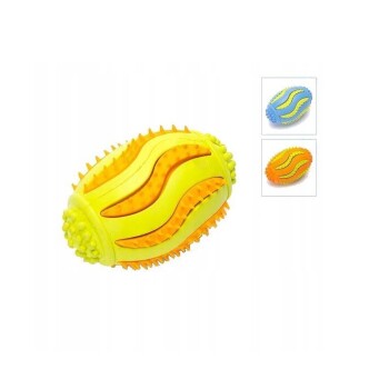 Gelb-orange strukturiertes Gummi-Hundespielzeug mit Noppen, auch in Blau-Orange Farbkombinationen gezeigt.