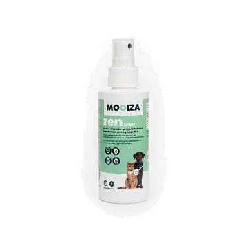 Flasche Mooiza Zen Spray, ein beruhigendes Geruchsspray für Haustiere, mit einer Illustration von Hund und Katze, mit Angaben zu botanischen Inhaltsstoffen.