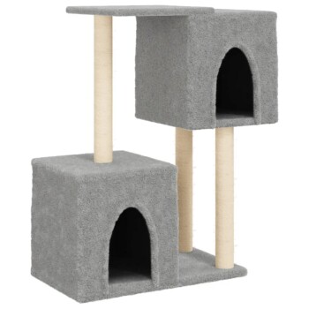 Grauer Katzenbaum mit zwei Ebenen, mit zwei würfelförmigen Verstecken und Kratzpfosten, entworfen für das Spielen und Ausruhen von Katzen.