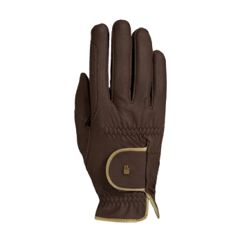 Brauner Haustierpflegehandschuh mit einer strukturierten Oberfläche und goldenen Akzenten, mit einem Handgelenkband mit einem Hand-Icon.