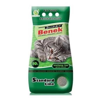 Zielona torba Super Benek dla kotów z szarym kotem, oznaczona jako "10L" i "Linia standardowa," z polskim tekstem "Żwirek dla kotów" i "Zielony las."
