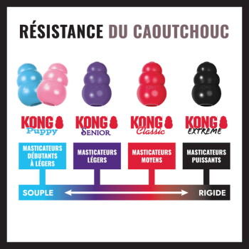 Infographie « RÉSISTANCE DU CAOUTCHOUC » montrant les jouets KONG Puppy, Senior, Classic, Extreme avec étiquettes et échelle de dureté de SOUPLE à RIGIDE