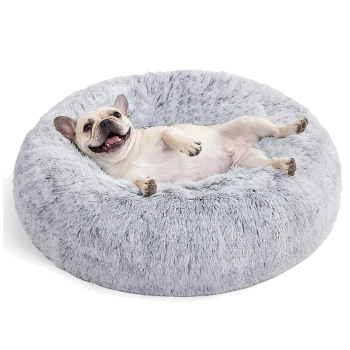 Hellbraune Französische Bulldogge liegt auf dem Rücken in einem runden, flauschigen hellgrauen Kunstfell-Donut-Haustierbett vor weißem Hintergrund.