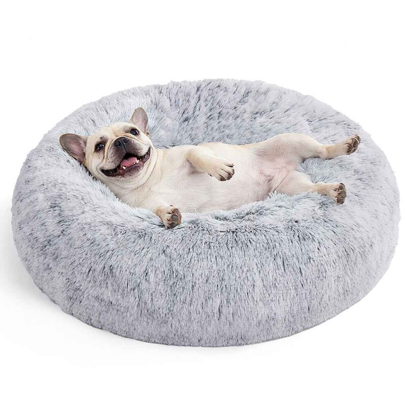 FEANDREA Hundebett, Donut Kissen, waschbar, herausnehmbar, langer Plüsch, L-XXXL hellgrau L