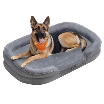Deutscher Schäferhund trägt orangefarbene Bandana mit Aufschrift 'Feandrea' und liegt auf grauem Seitenkissen-Hundebett mit Feandrea-Etikett.