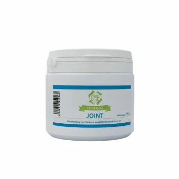 Weißer Behälter mit der Aufschrift 'CME Better4Dogs JOINT' mit einem blauen Streifen, enthält eine Pilzmischung zur Unterstützung von Gelenken und Knochen, 150g.