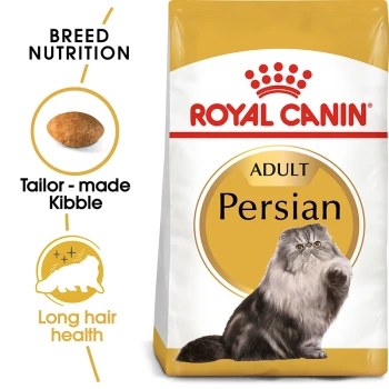 Royal Canin Adult Persian cat food bag with a fluffy Persian cat, emphasizing breed nutrition and kibble for long hair health.