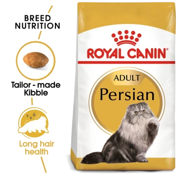 Royal Canin Adult Persian cat food bag with a fluffy Persian cat, emphasizing breed nutrition and kibble for long hair health.