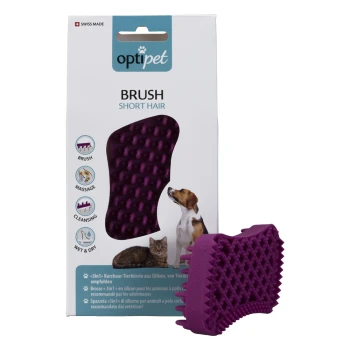 Lila Silikonbürste für kurzhaarige Haustiere, beschriftet "optipet BRUSH SHORT HAIR", mit Symbolen für Bürsten, Massieren und Reinigen.