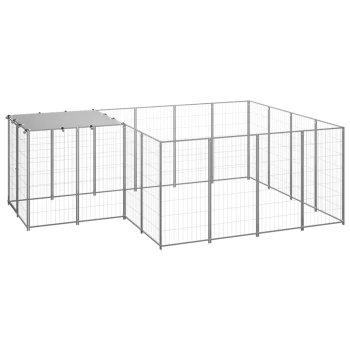 Hundezwinger silber 3,3 m, 2,2 m, 1,1 m Großer Metall-Draht-Tierauslauf mit angebautem überdachtem Schutzbereich, für den Außenbereich konzipiert.