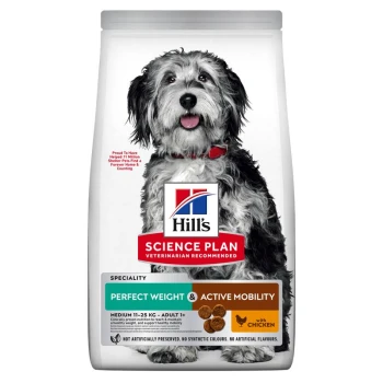 Hill's Science Plan Hundefuttertüte mit einem lächelnden schwarz-weißen Hund, gekennzeichnet mit "Perfektes Gewicht & Aktive Mobilität" mit Huhn.