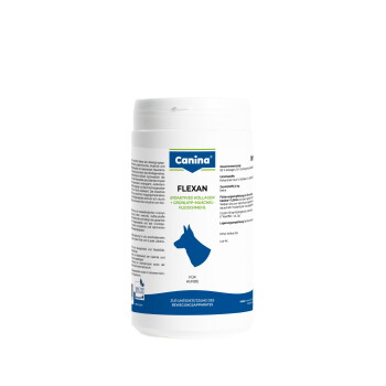 Weißer Canina FLEXAN Supplement-Behälter für Hunde, blaue Hundesilhouette auf dem Etikett und sichtbare Texte 'Canina', 'FLEXAN', 'Für Hunde'.
