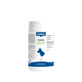 Weißer Canina FLEXAN Supplement-Behälter für Hunde, blaue Hundesilhouette auf dem Etikett und sichtbare Texte 'Canina', 'FLEXAN', 'Für Hunde'.