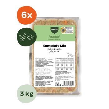 BARFER'S Komplett ‚Komplett‑Mix Huhn & Lachs Gewolft‘ 500 g Futterschale, zeigt Badges ‚6x‘ und ‚3 kg‘.