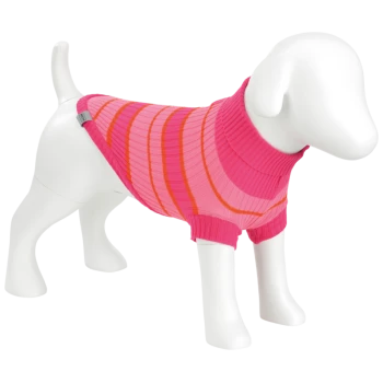 Weißes Hundemannequin trägt einen rosa-rot gestreiften, gerippten Rollkragen-Hundepullover mit kleinem grauem Etikett.