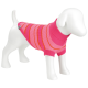 Weißes Hundemannequin trägt einen rosa-rot gestreiften, gerippten Rollkragen-Hundepullover mit kleinem grauem Etikett.