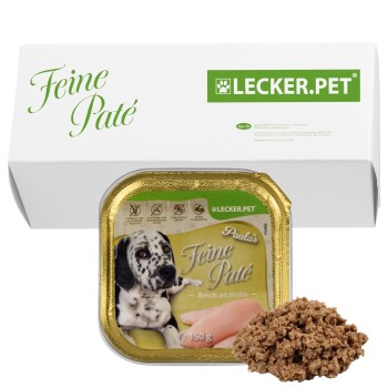 Hundefutterverpackung mit "Paulo's Feine Paté" mit einem Bild eines Hundes, 150g Portion, und einem Etikett mit der Aufschrift "11 Stück".