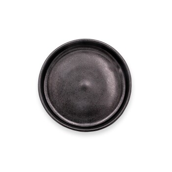 Eine Draufsicht auf eine schwarze, runde Haustierfutterschüssel mit einer glatten Oberfläche und einer leichten Vertiefung in der Mitte.