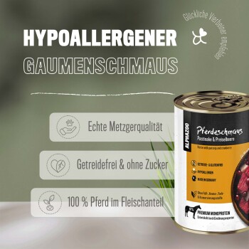 Eine Dose "Pferdeschmaus" hypoallergenes Hundefutter mit Pferdefleisch, Pastinake, Cranberry; getreidefrei, ohne Zucker, 100% Pferdefleisch.