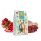 GranataPet DeliCATessen Katzenfutterbeutel mit zwei Katzen (einer schwarzen und einer roten) umgeben von Granatapfelkernen, rohem Fleisch und Hähnchen.