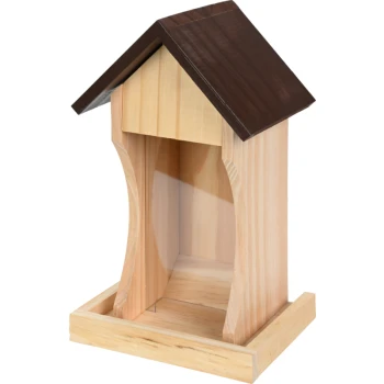 Holz-Vogelfutterhaus mit dunkelbraunem Dach und klarer Kunststoff-Frontplatte, für den Außenbereich konzipiert.