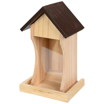 Holz-Vogelfutterhaus mit dunkelbraunem Dach und klarer Kunststoff-Frontplatte, für den Außenbereich konzipiert.