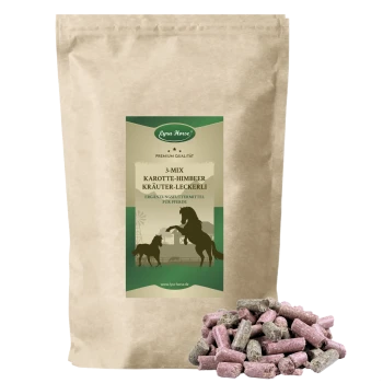 Braune Kraftpapier-Tüte mit der Aufschrift 'Lyra Horse' 3-MIX Karotte-Himbeer Kräuter-Leckerli, Haufen aus rosa/grünen Pellets.