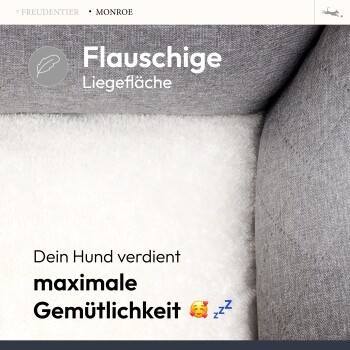 Flauschige Liegefläche für Hunde, mit grauem Stoffrand und weichem, weißen Innenfutter. Text: "Dein Hund verdient maximale Gemütlichkeit."