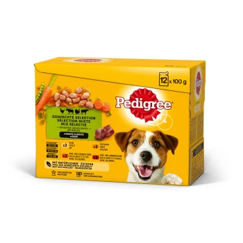 Pouch Selection in Sauce 12x100g Pedigree gemischte Auswahl Tiernahrungsbox, die 12 x 100g Portionen mit Huhn, Truthahn und Rind in Sauce zeigt und Karotten enthält.