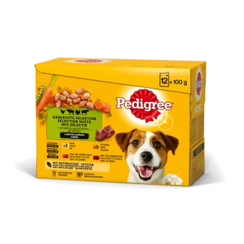 Pedigree gemischte Auswahl Tiernahrungsbox, die 12 x 100g Portionen mit Huhn, Truthahn und Rind in Sauce zeigt und Karotten enthält.