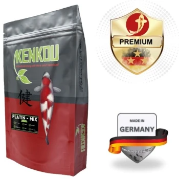 Kenkou Platin-Mix Fischfutterverpackung mit einer Koi-Fisch-Illustration, einem Premium-Qualitätsabzeichen und dem Etikett "Made in Germany."