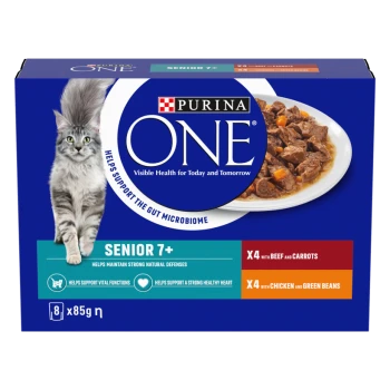 Purina ONE Senior 7+ cat wet food box with silver tabby and plate of beef, labels "Helps support the gut microbiome" and "X4 with beef & carrots"