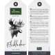 Etikett für ein Produkt aus Elchleder mit einer detaillierten Illustration eines Elches, mit Text in mehreren Sprachen, der seine Premium-Qualität und seinen Komfort beschreibt.