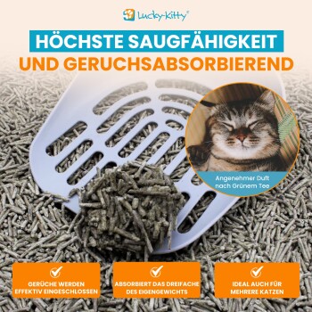 Lucky-Kitty Pellet-Katzenstreu, die auf der Schaufel verklumpt; Text 'HÖCHSTE SAUGFÄHIGKEIT' und Einsatz 'Angenehmer Duft nach Grünem Tee'.