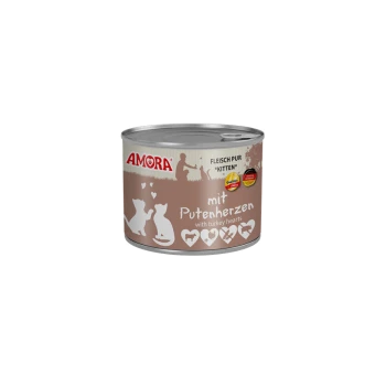 AMORA Nassfutterdose für Kätzchen, braunes Etikett mit Aufschrift 'mit Putenherzen' ('with turkey hearts'), weiße Katzensilhouetten und Herzsymbole.