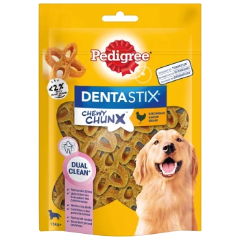 Un sac de Pedigree DentaStix Chewy Chunks avec un golden retriever souriant et les avantages "Nettoyage Double" à l'avant.