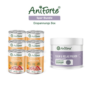 AniForte Spar-Bundle Entspannungs Box: sechs 'Land Chicken'-Dosen und ein Becher 'Calm & Relax Pulver'