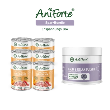AniForte Spar-Bundle Entspannungs Box: sechs 'Land Chicken'-Dosen und ein Becher 'Calm & Relax Pulver'