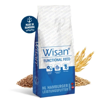 Wisan Functional Feed Haustierfutterbeutel, mit einem blauen Design, das hochwertige Zutaten und die Herstellung in Hamburg hervorhebt.