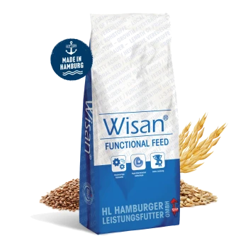 Wisan Functional Feed Haustierfutterbeutel, mit einem blauen Design, das hochwertige Zutaten und die Herstellung in Hamburg hervorhebt.