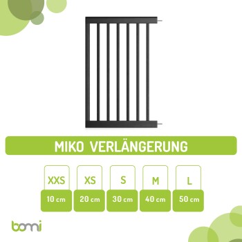 Schwarze Haustiergittererweiterung mit der Aufschrift 'Miko Verlängerung' und Größenoptionen von XXS bis L (10 cm bis 50 cm) auf einem weißen Hintergrund.