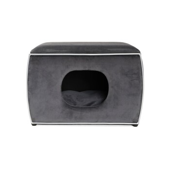 Graues Haustierbett mit einem gemütlichen Innenraum und einem vorderen Eingang, mit einer weichen, plüschigen Oberfläche und weißem Rand.