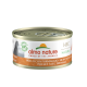 Almo Nature Katzenfutterdose, beschriftet mit "Pollo con Formaggio", mit einer Katzensilhouette und dem Logo "100% Profits to Nature".