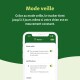 Smartphone affichant une application de suivi pour animaux de compagnie avec un fond vert, présentant "Mode veille" et des informations sur la batterie, en français.