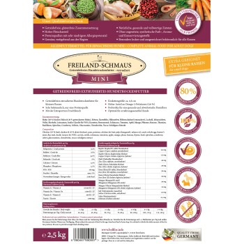 Hundefutterverpackung mit 'FREILAND-SCHMAUS MINI', glutenfrei, proteinreiches Futter für kleine Rassen, mit Zutaten und Nährwertinformationen.